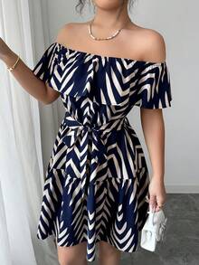 Elenzga 藏蓝色条纹印花露肩荷叶边腰部喇叭裙摆休闲度假优雅连衣裙，适合狂欢节、劳动节、复活节、返校季、海滩、旅行、花园、夏季街头穿搭等场合。 - 藏蓝色 - 查看 7