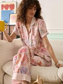Chillnights Colorful Ombre Ocean Shell Print Short Sleeve Lapel Women Pajama Set - Multicolor - View 4