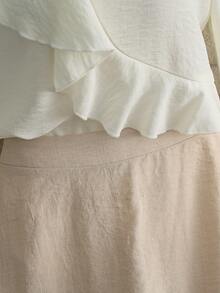 Franclia 优雅休闲日常通勤荷叶边圆领上衣和百褶裙两件套，女士春夏款 - 杏色 - 查看 6