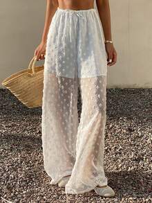 Livesso Women's Drawstring Waist Wide Leg Loose Casual Pants - White - View 2