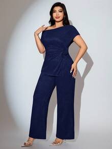 Modelyn Plus Size Elegant Commuter Solid Color Asymmetric Collar Split Top And Pants Two Pieces Set - Navy Blue - View 4