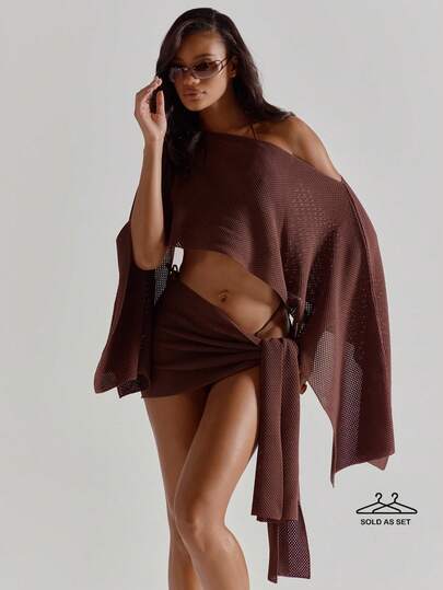 MUSERA Asymmetric Off The Shoulder Draped Flare Sleeve Cut Out Front Tie Side Crochet Knit Mini Dress Cute Beach Coverup Summer Spring Holiday Going Out Swim Sexy Crochet Knit