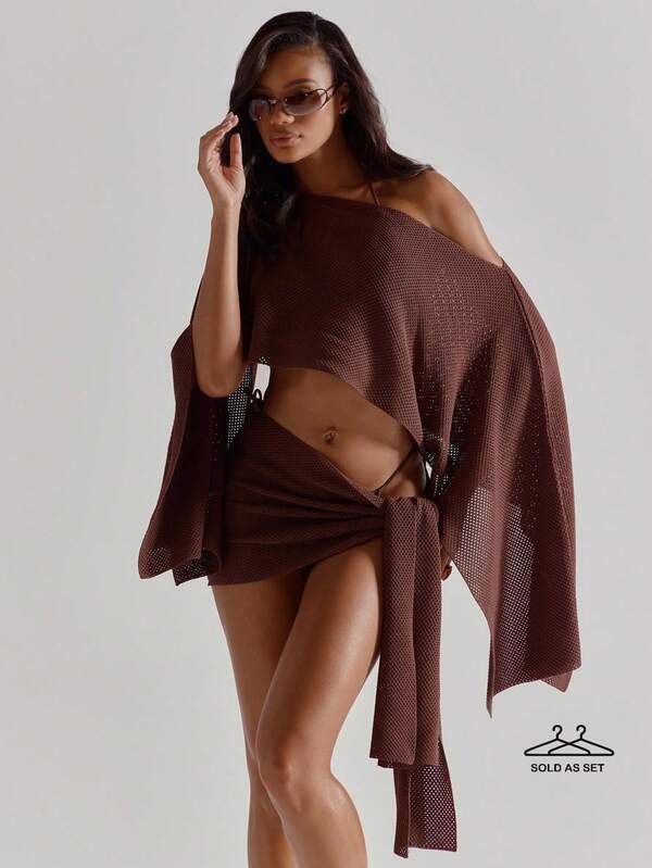 MUSERA Asymmetric Off The Shoulder Draped Flare Sleeve Cut Out Front Tie Side Crochet Knit Mini Dress Cute Beach Coverup Summer Spring Holiday Going Out Swim Sexy Crochet Knit