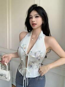 Celisse Áo sơ mi nữ không tay, cổ ve in họa tiết, cài cúc phía trước, thắt eo. - Màu be - Xem 5