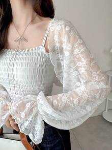 FRIFUL 女士纯色透视前开襟露脐蕾丝长袖上衣，波西米亚风度假装扮 - 白色 - 查看 6