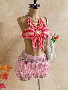 Soleia Women's Pink Floral Summer Boho Crochet Halter Neck Vest,Vacation Holiday Beach Cruise Music Festival Outfit,Retro Casual Crochet Top Party Luau - Pink - View 9