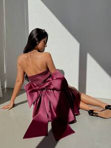 Aloruh 性感露背针织紧身连衣裙，咖啡棕色 - 酒紅色 - 查看 2