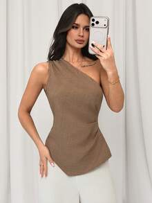 Firerie 女士优雅简约日常通勤衬衫，浅棕色卡其色不对称肩部褶皱不对称下摆修身上衣，度假装、时尚百搭、机场穿搭、复古风格、工作装 - 棕色 - 查看 5