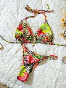Elavelle Conjunto de bikini sexy con decoración metálica y estampado aleatorio para mujer, conjunto de ropa de playa de verano - Multicolor - Ver 2