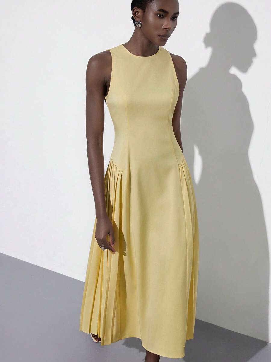 Aveloria Modichic 米黄色无袖女式连衣裙，简约A字廓形，腰部收紧，臀部褶裥设计，优雅的办公室及休闲长裙 - 黃色 - 查看 1