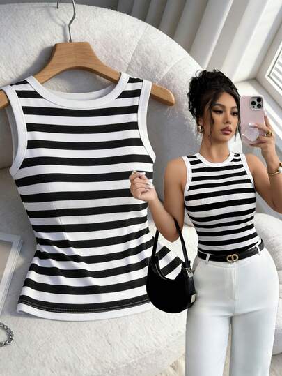 Elenzga 休闲修身优雅女士背心，黑白罗纹，适合春夏日常穿着
