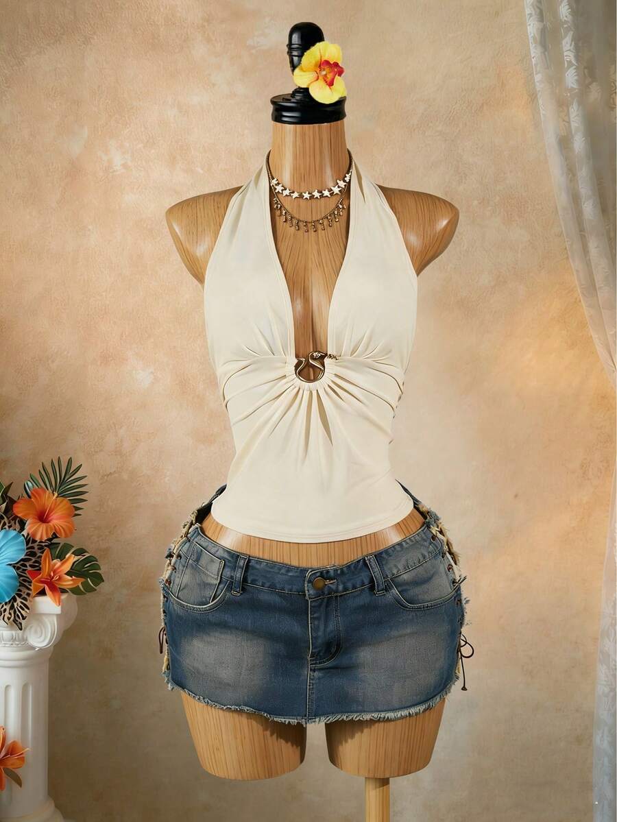 SaltGleam SaltGleam Áo hai dây gợi cảm hở lưng cổ yếm khóa kim loại - Vàng nhạt - Xem 1