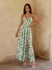 KARISMINA Spring & Summer Vacation Chiffon Printed Dress For Women - Green - View 3