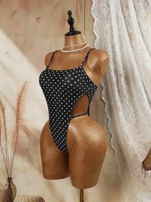 Swim Mod Vintage Polka Dot One-Piece Swimsuit, Slim Fit, Suitable For Vacation & Spa - Black - View 5