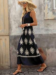 Brillora 休闲优雅女士黑白几何复古图案圆领宽松长裙 - 波西米亚风夏季度假连衣裙，适合热带岛屿婚礼、周年纪念、伴娘派对、约会之夜等场合。 - 彩色 - 查看 5