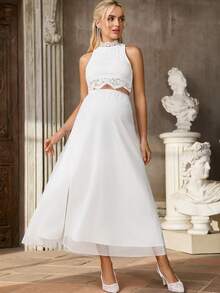 SHEIN White Summer Elegant Maternity Wedding Two-Piece Set,Pregnant Floral Lace Camisole And Side Slit Hem Midi Skirt,Comfortable Co Ord 2 Pieces Set - White - View 5