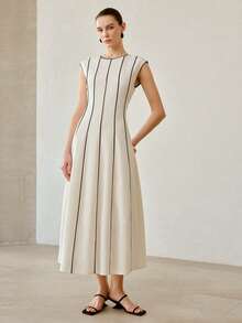 MOTF PREMIUM LINEN BLACK PIPING SLEEVELESS ELEGANT CASUAL DRESS - Beige - View 4