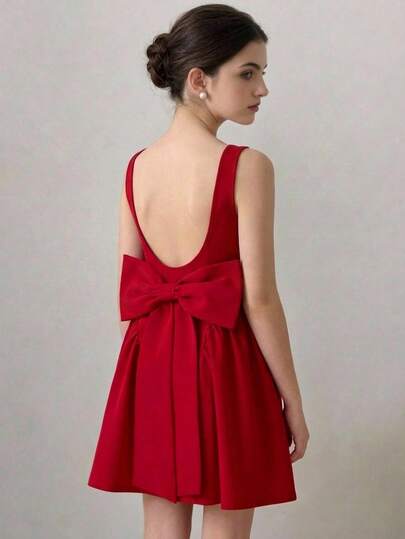 Pitira Teen Girls' Red Solid Color Spaghetti Strap Backless Big Bow Tie Waist Flared Skirt Formal Party Dress, Red Dress, Big Bow Tie Back, Suitable For Flower Girl, Wedding Season, Valentine's Day, Party, Birthday, Chinese New Year