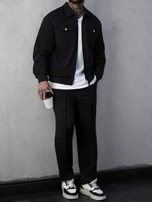 Manfinity Homme Men's Solid Color Zip-Up Jacket And Pants Casual Suit - Black - View 3