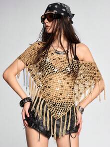 ROMWE Avant Vacation Style Brown Sequin Fringe Crochet Shawl Top - Brown - View 2