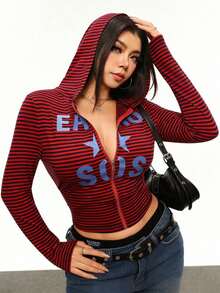 INAWLY Plus Size Women Striped Letter Print Zip-Up Casual Versatile Daily Wear Long Sleeve Sweatshirt - Red - View 1