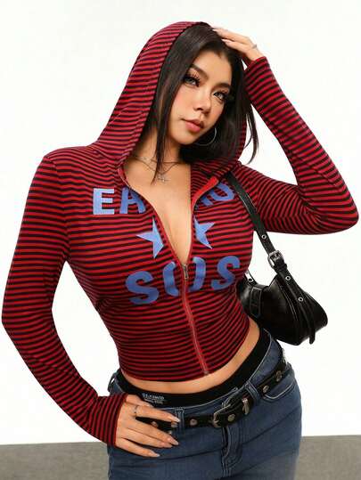 Rina Fox Plus Size Women Striped Letter Print Zip-Up Casual Versatile Daily Wear Long Sleeve Sweatshirt