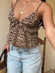 Serisse Women's Vacation Leopard Print Patchwork Ruffle Trim Camisole - Multicolor - View 5