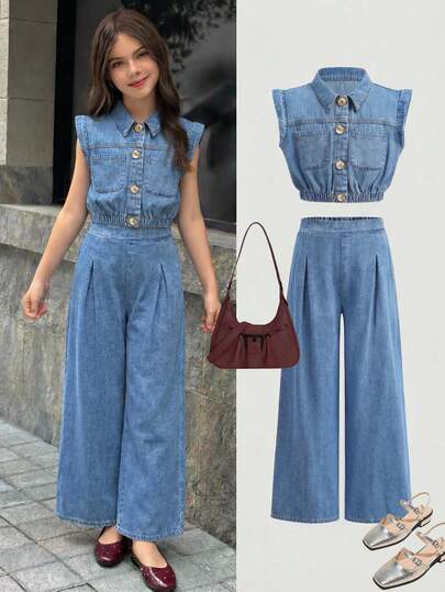 Firerie Kids Nova Glow 2pcs/Set Tween Girls Casual Collared Pocket Shirt And Straight Leg Pants, Commuter Outfit,Denim 2pcs/Set Tween Girls Casual Collared Pocket Shirt And Straight Leg Pants, Commuter Outfit Summer Outfits,Utility Chic Street Fashion Suit,Comfortable Soft Outfits,Suitable For Spring And Summer,Season Vintage//Beach/Sea/Elegant Graduation Outfit,Casual Women's Jumpsuit,Summer Holiday Outfits ,Spring Clothes Outfit,Beach Outfits For Women,Vacation Outfits Women,Valentine's Day Outfit