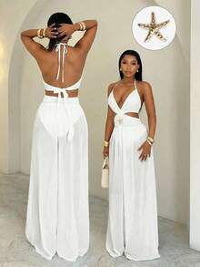 BamGleam 女士性感露背海星装饰纯色吊带连体裤，适合度假 - 白色 - 查看 1