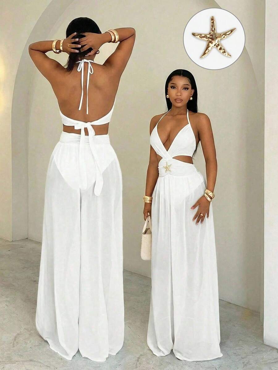 BamGleam 女士性感露背海星装饰纯色吊带连体裤，适合度假 - 白色 - 查看 1
