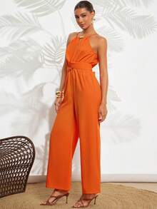 Gownix Damen eleganter orangefarbener Romper mit Holzperlen-Knopfverzierung, strukturierter Streifenoptik, Überschneidung und Bindegürtel, gerade Beinform, geeignet für Urlaub, Pendeln, Dates, Ausflüge, vielseitig tragbar, Boho-Romper für Damen, orangefarbener Romper für Damen, rückenfreier Romper orange, Damen-Romper orange, Damen-Romper mit Trägerhals, orangefarbener Urlaubsoutfit, Urlaubsoutfits für Damen, Romper für Urlaub, Strandoutfits für Damen, Strandanzug für Damen, Urlaubsoutfit für Damen, ärmelloser Romper für Damen, Damen-Romper - Orange - Übersicht 8