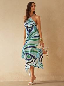 Silquee Robe femme sans manches à ourlet asymétrique avec motif rayé coloré, printemps/été - Bleu azur - Voir 6