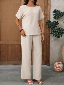 EMERY ROSE Conjunto de camisa y pantalones casuales de vacaciones para mujer - Caqui - Ver 4