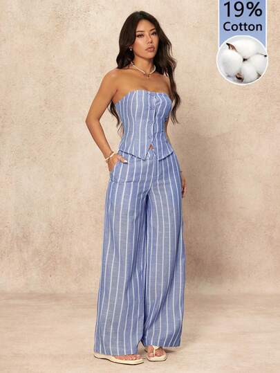 SHEIN PETITE Women's Casual Striped Single-Breasted Camisole Top And Wide-Leg Pants Fashion 2 Pieces Set Lounge Sets For Women,For Daily Wear Blue And White Stripes