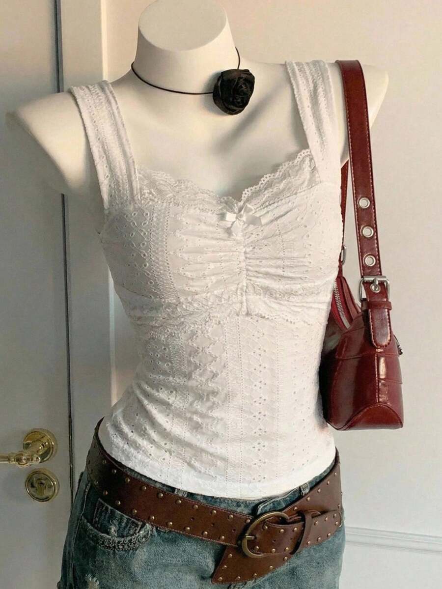 SHEIN EZwear 女士白色针织修身浪漫吊带背心 - 白色 - 查看 1