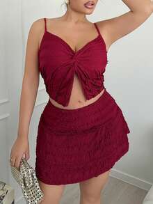 Maria Perezxox 2 件荷叶边吊带背心和荷叶边下摆 A 字迷你裙套装，优雅时尚女士春夏装 - 酒紅色 - 查看 6