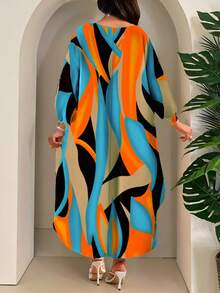 SHEIN Lady 2025春夏新款优雅通勤办公休闲波西米亚风彩色编织圆领高低摆七分袖大码T恤大码衬衫波西米亚风上衣工作上衣沙滩度假优雅女式上衣波西米亚风 - 橘色 - 查看 2