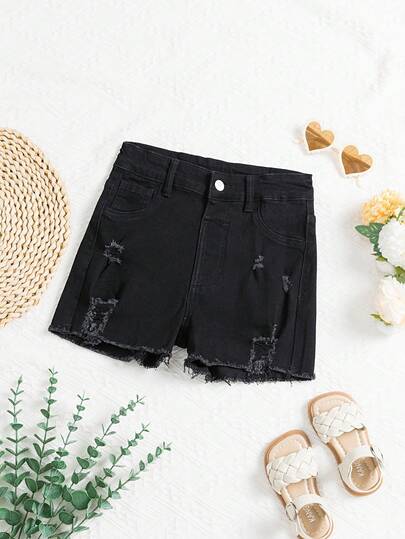 少女牛仔裤，夏季新品，黑色水洗牛仔短裤，时尚休闲风，做旧破洞设计，修身剪裁，弹力牛仔面料，适合日常、上学、通勤、聚会等各种场合。