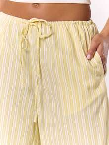 MUSERA Quần ống rộng kẻ sọc có dây rút, thích hợp cho kỳ nghỉ hè, du lịch, đi biển, phong cách thanh lịch, chất liệu vải lanh, trang phục công sở cho nữ, quần tây mùa đông xuân cho nữ, lễ Phục sinh. - Màu vàng - Xem 5