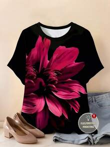 女士休闲印花圆领短袖T恤，夏季 - 黑色 - 查看 3