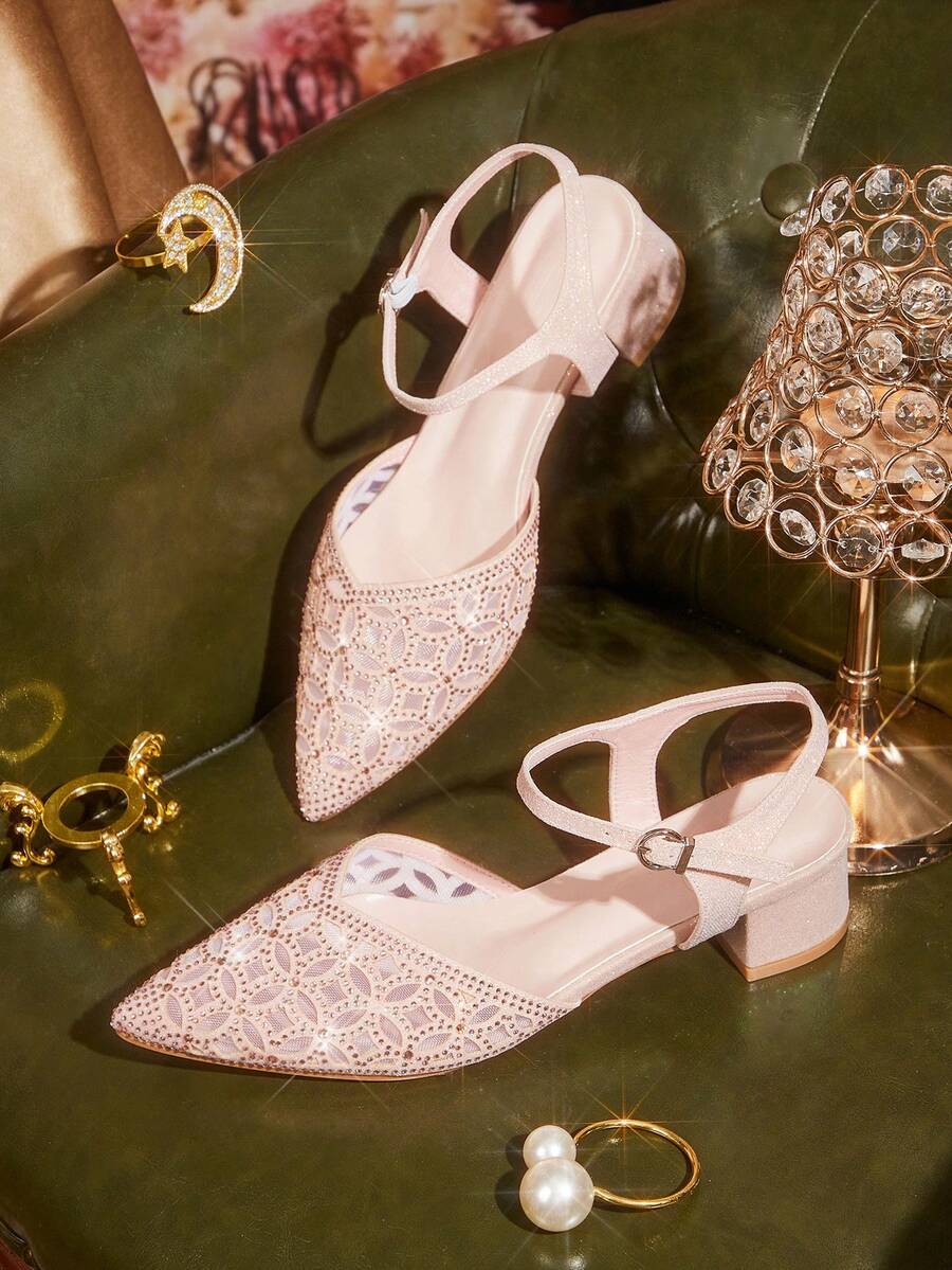 CUCCOO TILAWA Giày sandal mũi nhọn gót chunky khoét rỗng thời trang có quai ngang mắt cá chân, giày cao gót màu hồng đính đá lấp lánh thoải mái dành cho nữ. - Hồng - Xem 1