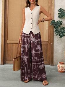 EMERY ROSE 女士纯色V领单排扣上衣和阔腿裤休闲日常两件套 - 彩色 - 查看 9