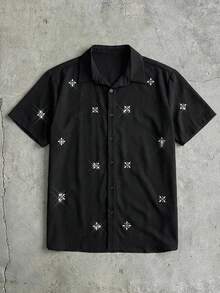AXEPEAK Men's Casual All-Over Print Front Button Short Sleeve Shirt, Summer - Black - View 3