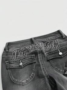 ROMWE J-Fashion Women's Cross & Letter Embroidered Super Low Waist Flare Jeans - Multicolor - View 2