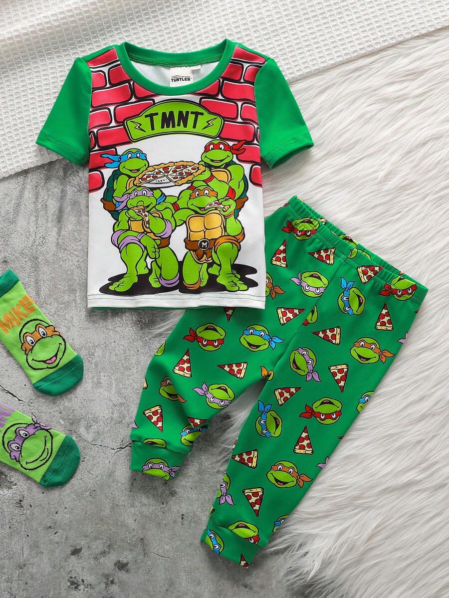 TEENAGE MUTANT NINJA TURTLES | SHEIN Bộ đồ mặc nhà 2 món cho bé trai, in hình hoạt hình, cổ tròn, tay ngắn và quần legging. - Nhiều màu - Xem 1