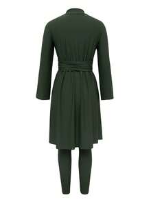 Swim Mulvari Conjunto de traje de baño de dos piezas verde nuevo para primavera/verano, con un vestido midi de cuello alto y cintura fruncida, y pantalones largos de ajuste ceñido, un conjunto burkini conservador y favorecedor para vacaciones - Verde militar - Ver 7