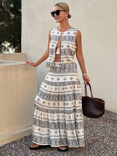 Livesso Spring & Summer Striped, Floral, Geometric Pattern Tie-Up Sleeveless Cardigan Top And Flowy A-Line Skirt Set, Elegant For Commute, Vacation, Beach, Wedding, Valentine's Day