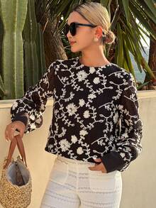 DAZY Lace Petal Sleeve Sheer Blouse, Elegant Loose Fit Versatile Luxury Shirt For Women, Spring/Summer - Black - View 1