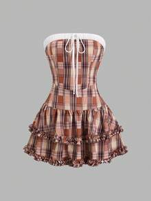 Sweetra Women's Plaid Tie Front Ruffle Hem Tube Dress - Multicolor - View 1