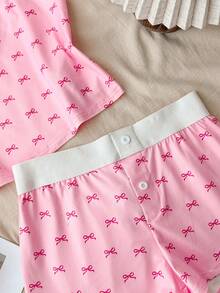 Teen Girls Spring & Summer Valentine's Day, Home, Clean Girl/American BM Style, Lace Ruffle Bow Pink Bow Camisole And Shorts Button Set - Pink - View 4